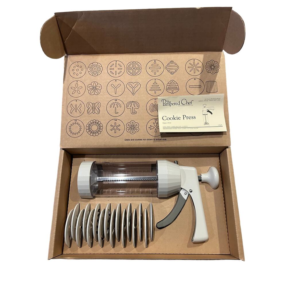 Pampered Chef Cookie Press 1525 with 16 Design Discs and Easy Clean Handle